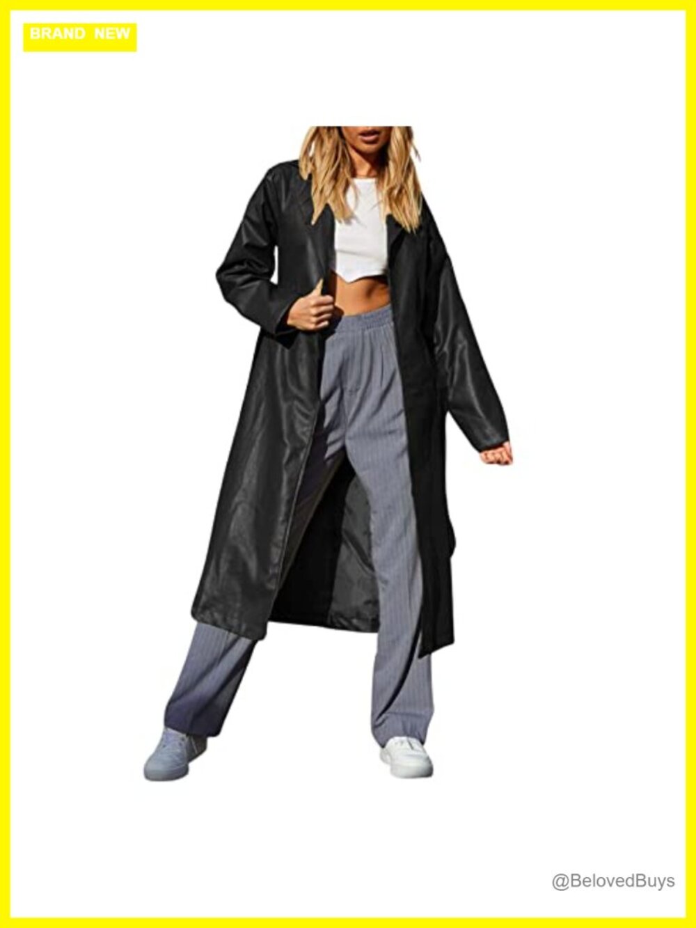 Women's Faux Leather Long Trench Coat with Belt